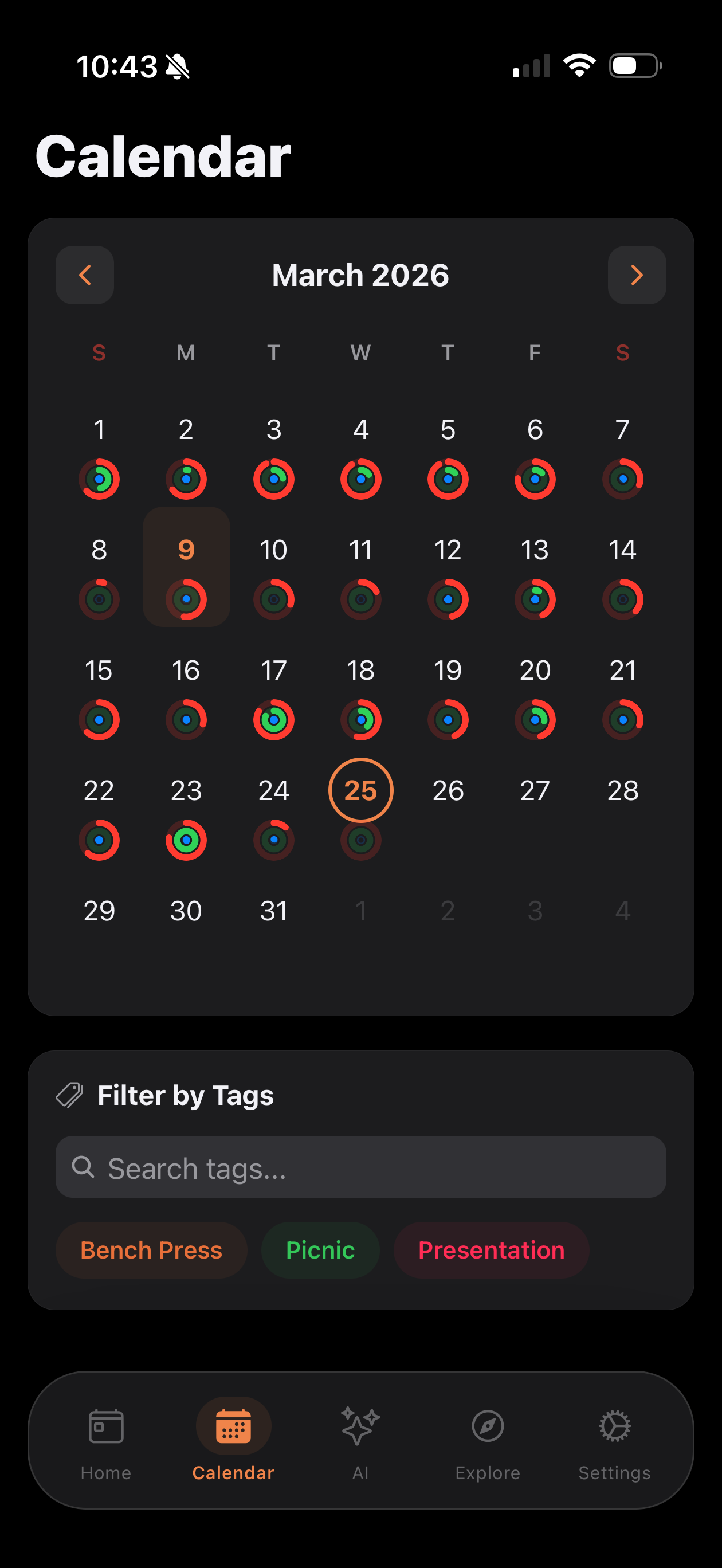 Calendar view with activity rings and tag filtering