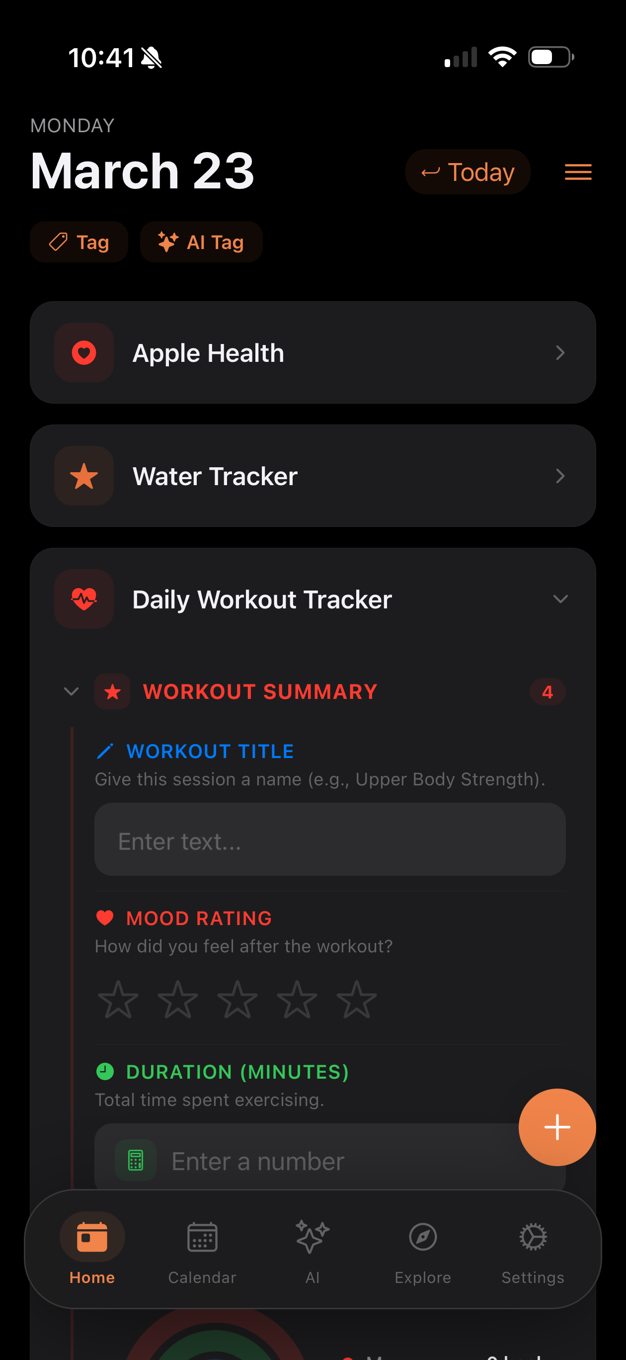 DayForm home screen showing daily widgets