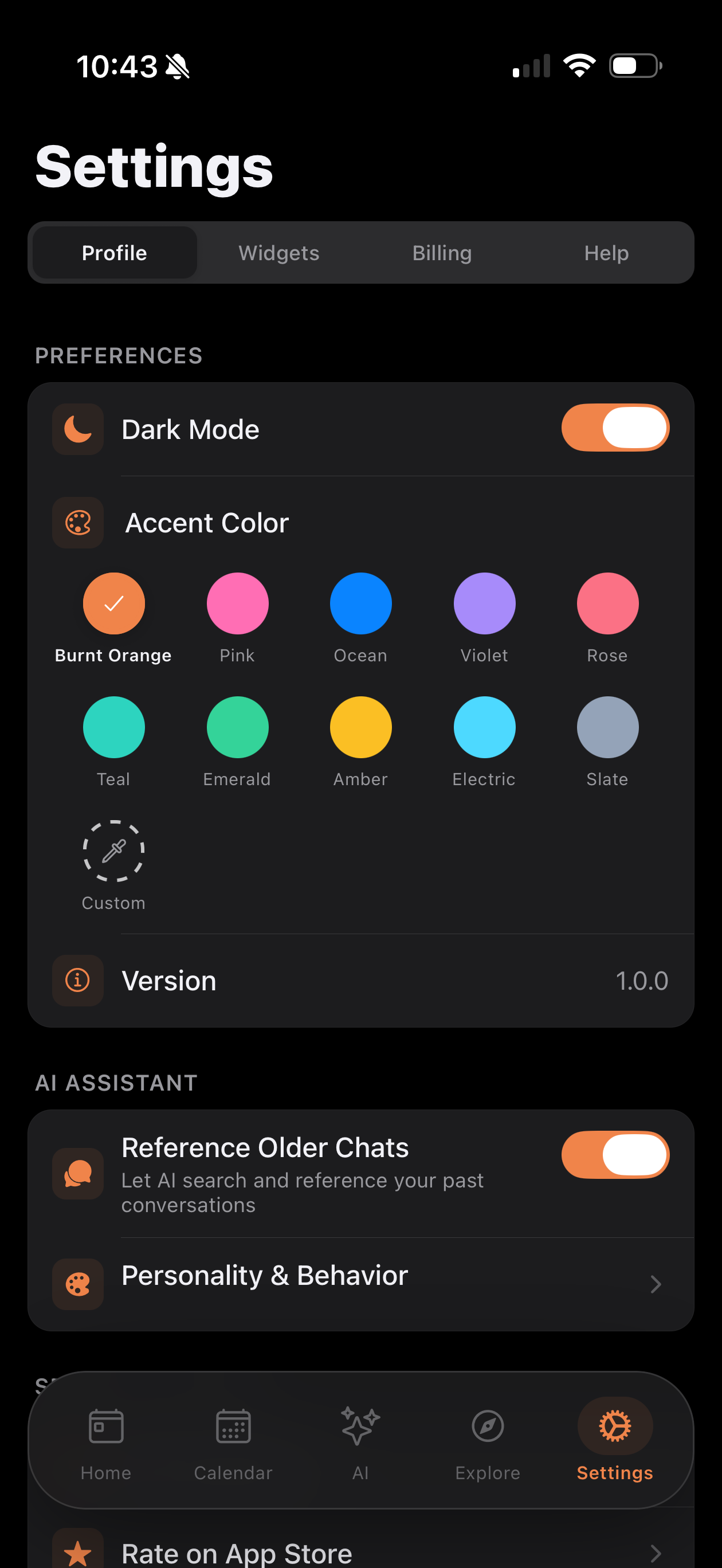Settings with accent color themes